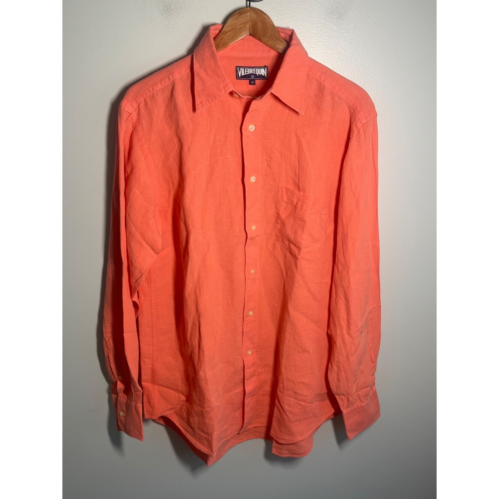 Vilebrequin Mens 100% Linen Long Sleeve Button Down Shirt Coral Orange Size M